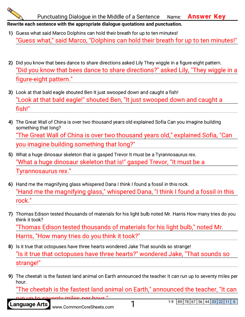 Punctuation Worksheets - Punctuating Dialogue in the Middle of a Sentence  worksheet