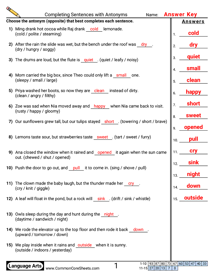 Kindergarten Vocabulary Worksheets - Completing Sentences with Antonyms worksheet