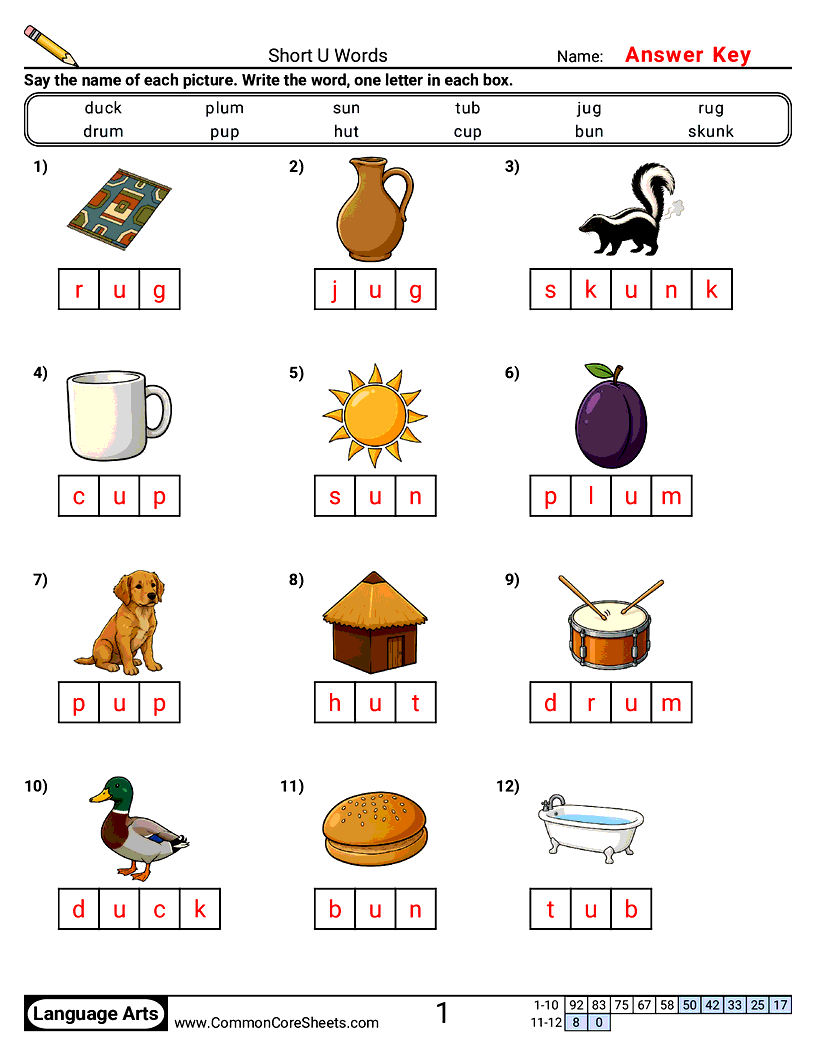Phonics Worksheets - Short U Words worksheet