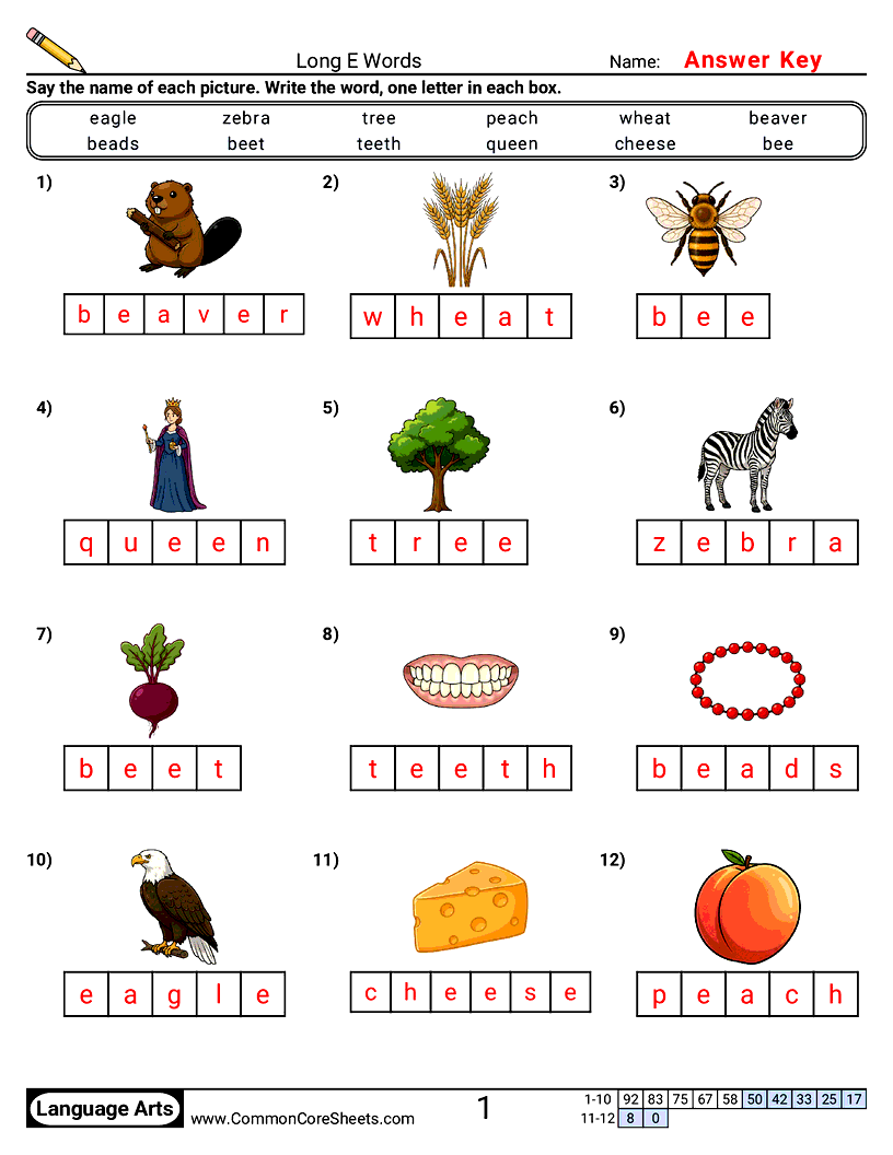 Phonics Worksheets - Long E Words worksheet