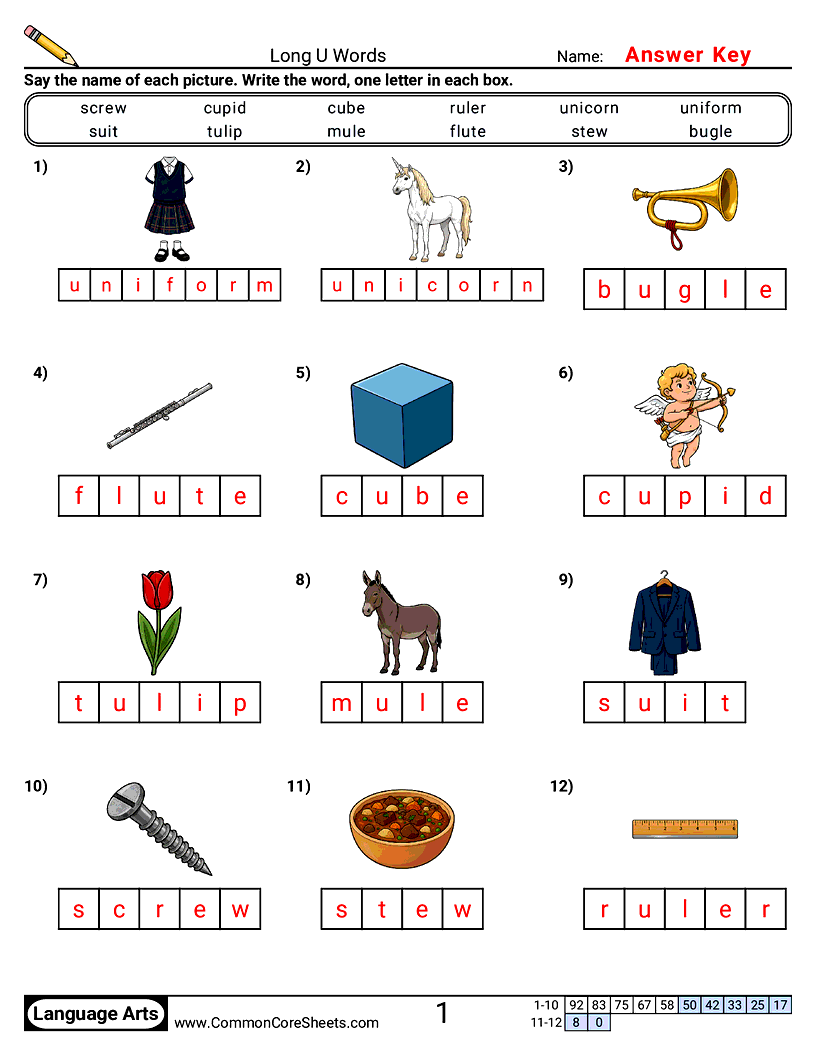 Phonics Worksheets - Long U Words worksheet