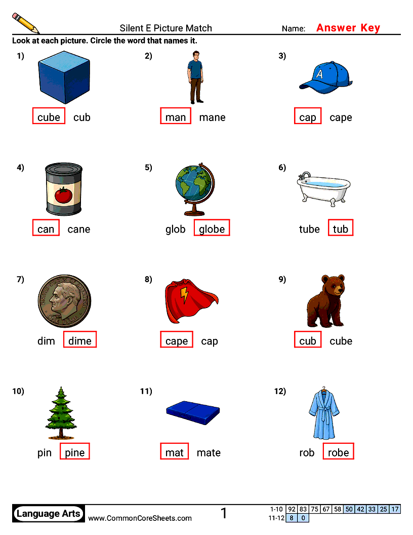 Phonics Worksheets - Silent E Picture Match worksheet