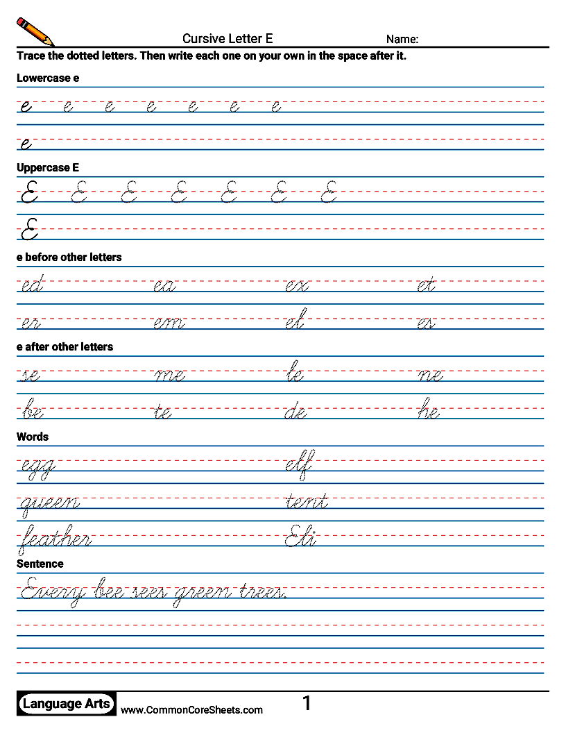 Cursive Writing Worksheets - Cursive Letter E worksheet