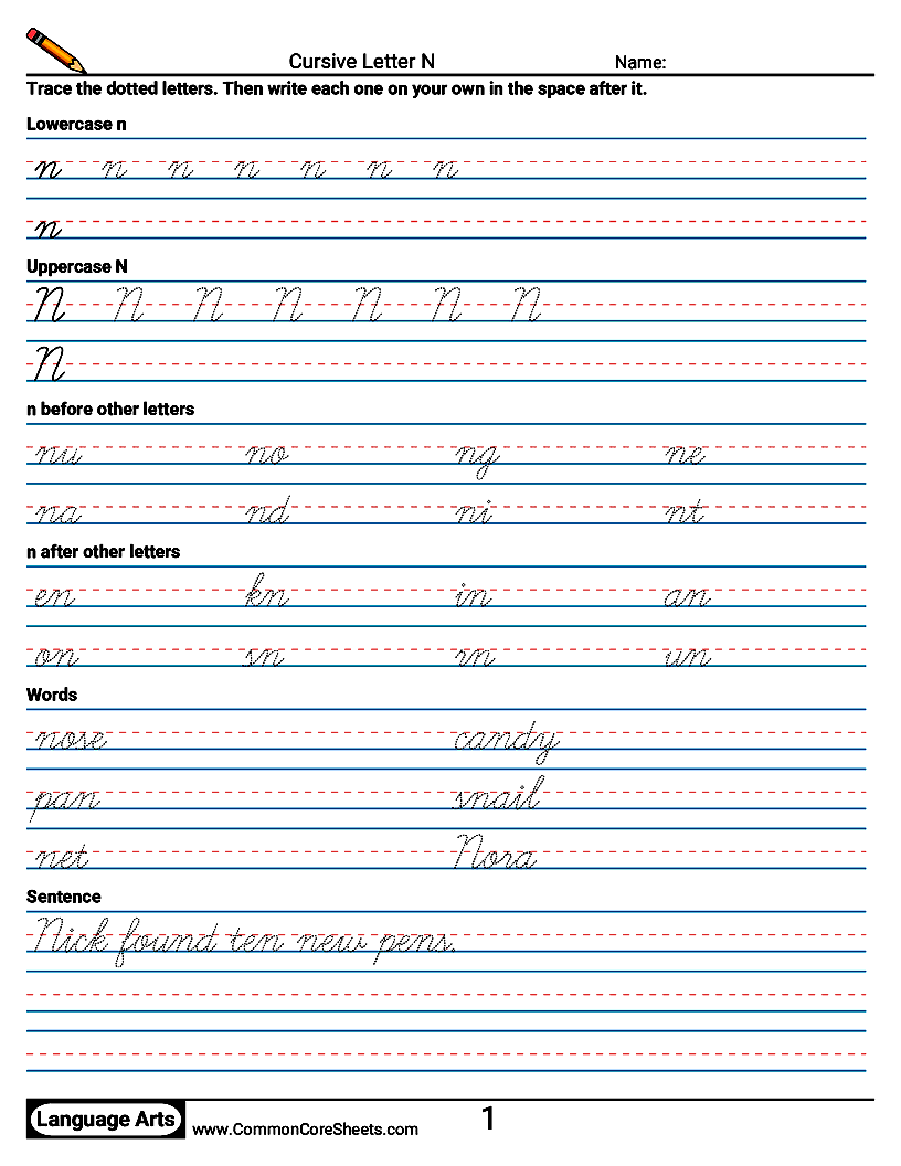 Cursive Writing Worksheets - Cursive Letter N worksheet