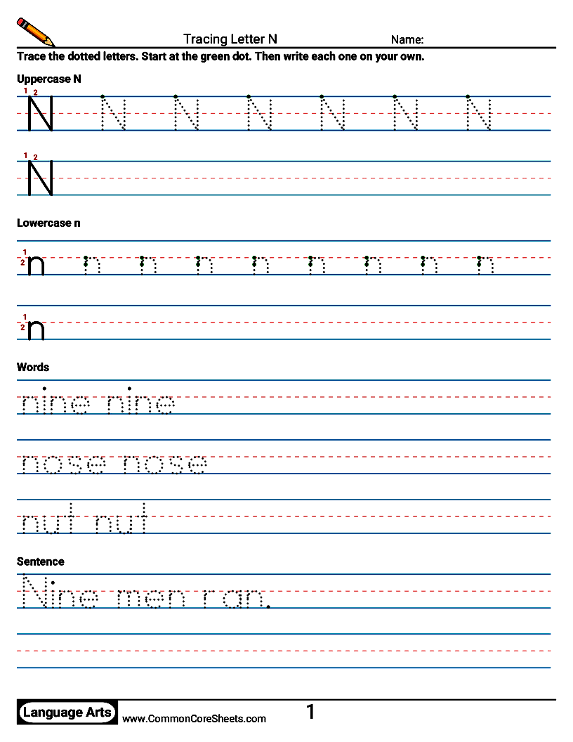 Handwriting Worksheets - Tracing Letter N worksheet