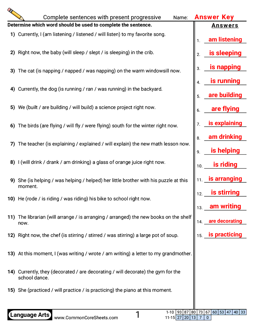 Complete sentences with present progressive worksheet preview