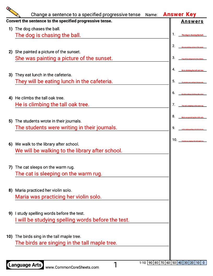 Change a sentence to a specified progressive tense worksheet preview