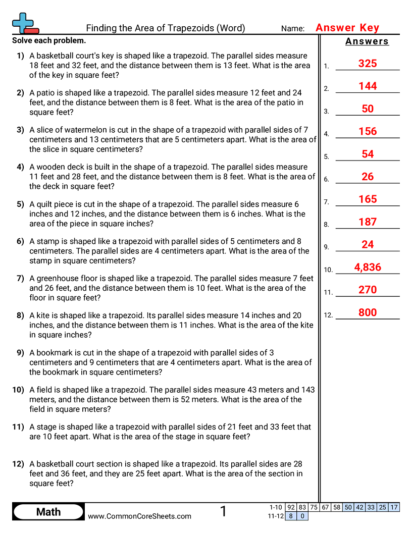CCSS 6.G.1 Sort By Grade Worksheets - Finding the Area of Trapezoids (Word Problems) worksheet