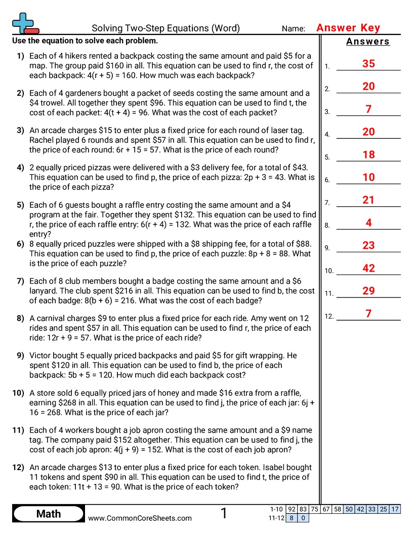 CCSS 7.EE.4A Worksheets - Solving Two-Step Equations from Word Problems worksheet