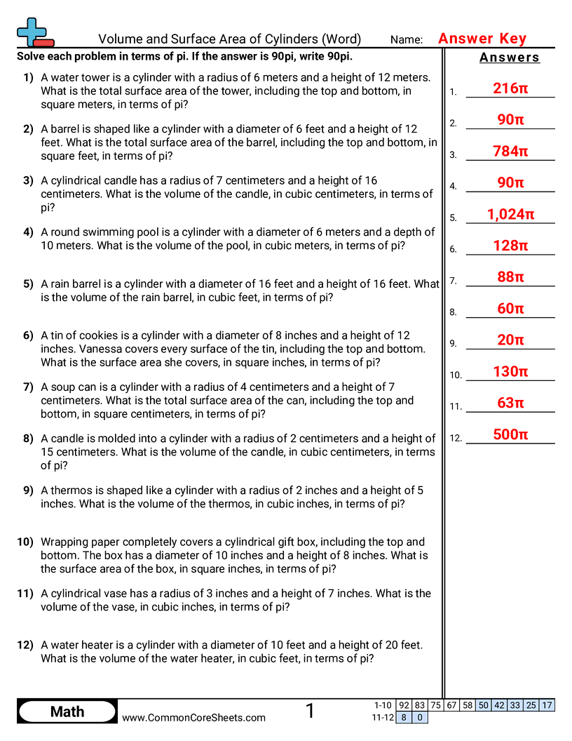 CCSS 8.G.9 Worksheets - Volume and Surface Area of Cylinders in Terms of Pi (Word Problems) worksheet