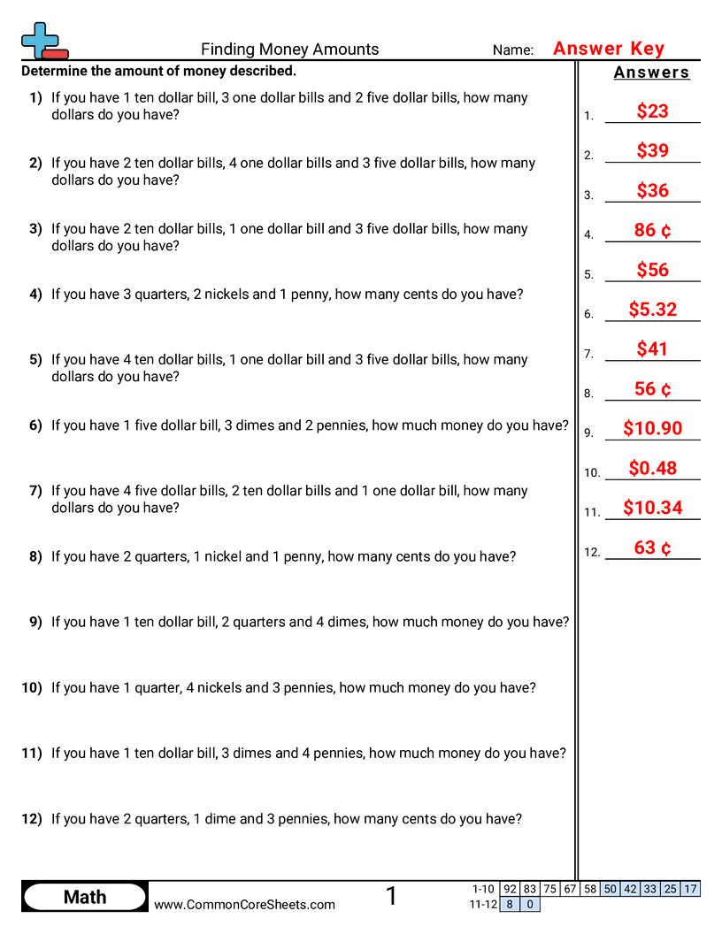 Money Worksheets - find-amounts-dollars-and-cents worksheet