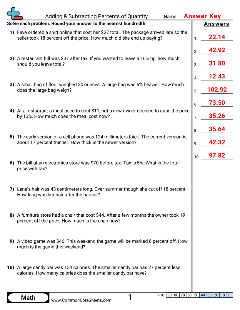 7rp3 Worksheets - adding-and-subtracting-percents-of-a-quantity worksheet