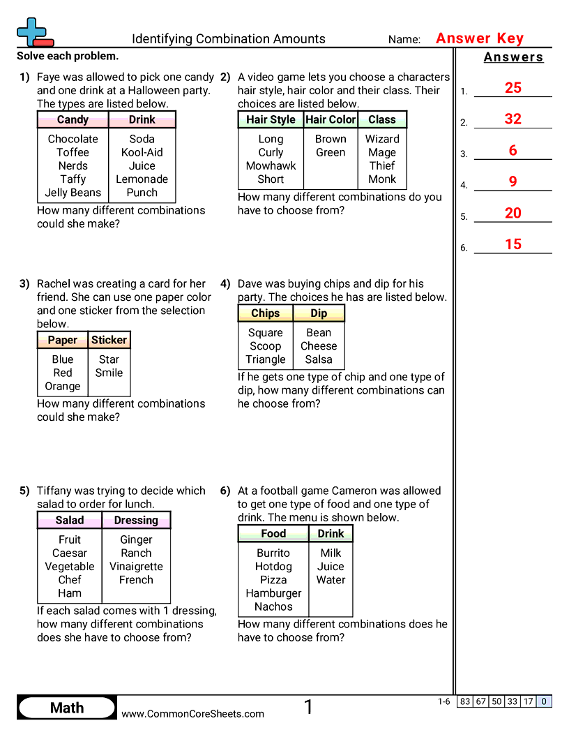 Probability Worksheets - Identifying Combination Amounts worksheet
