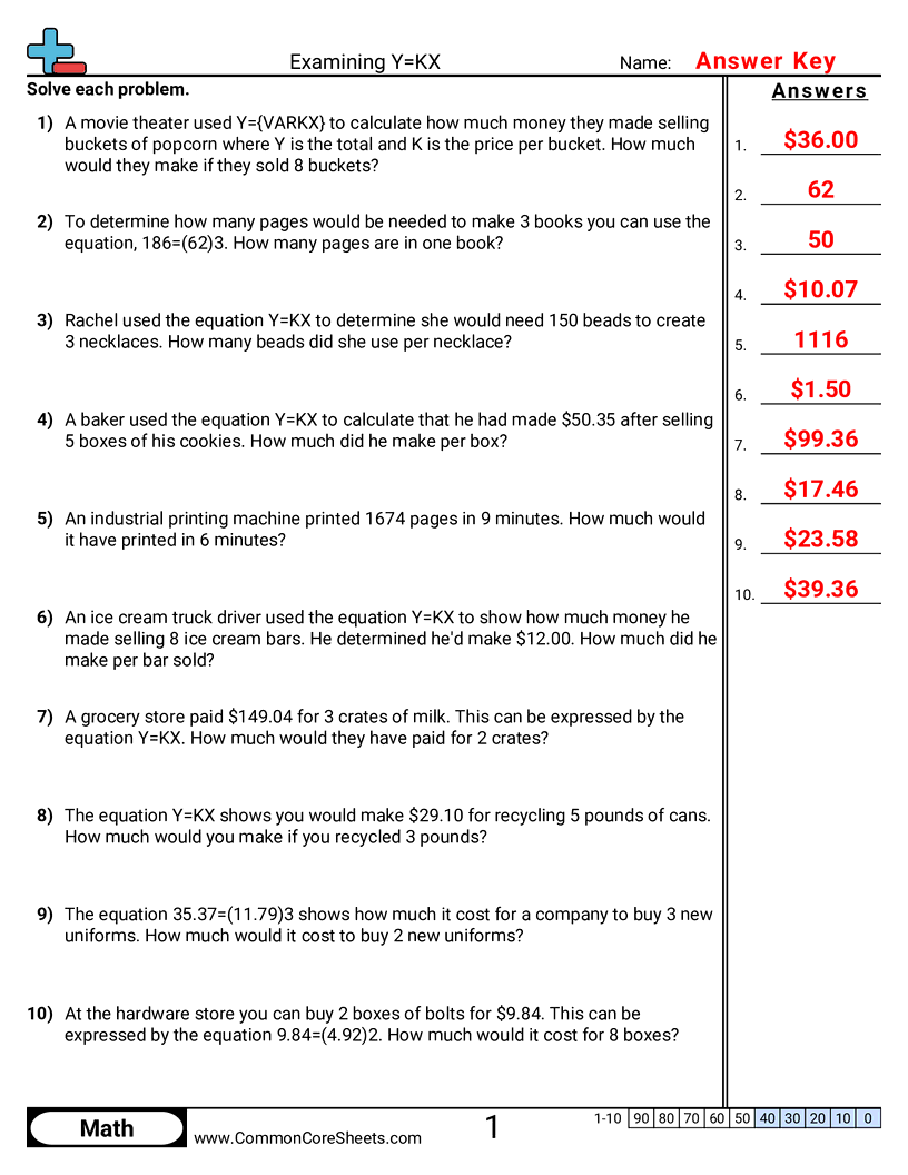 Ratio Worksheets - examining-y-kx worksheet