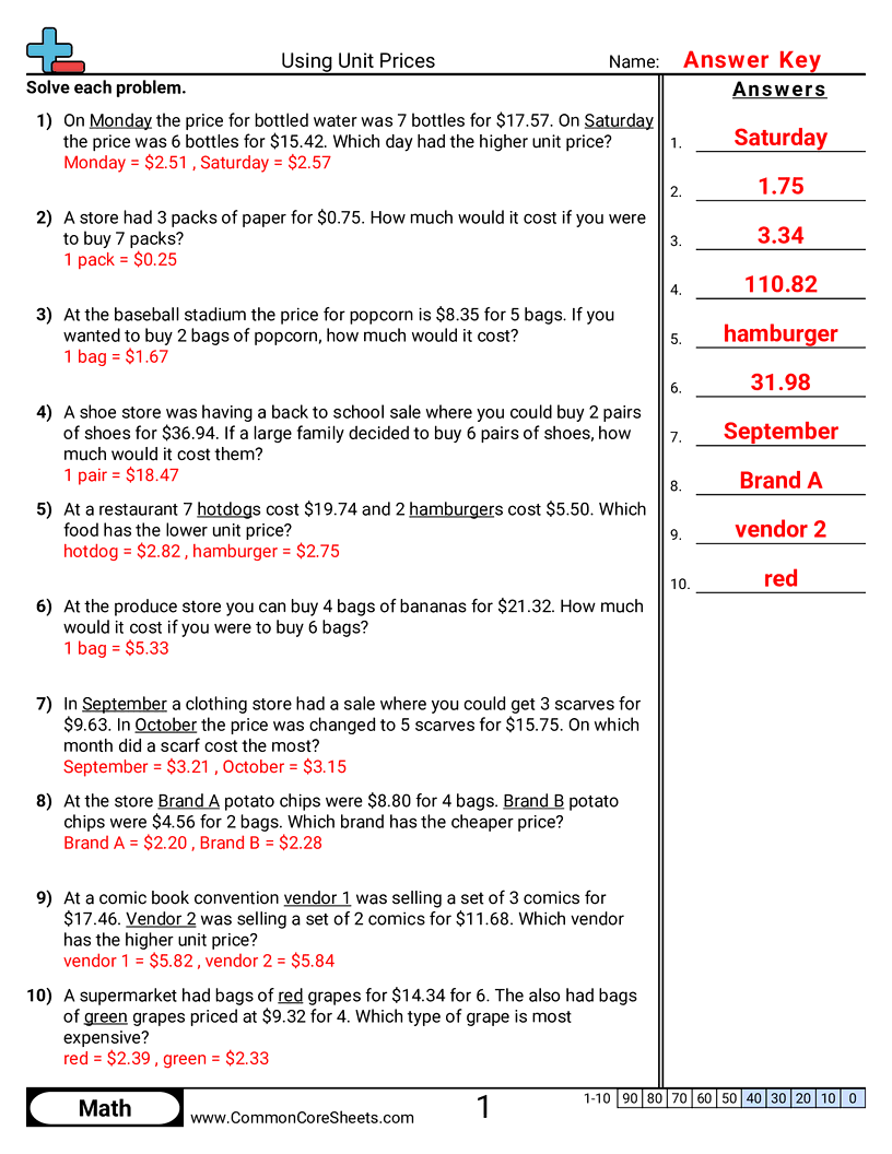 Ratio Worksheets - using-unit-prices worksheet