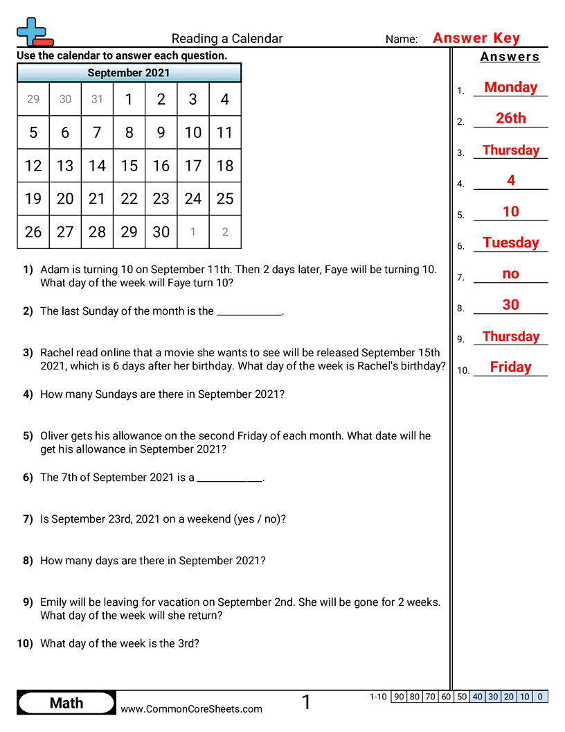 Time Worksheets - Reading a Calendar worksheet