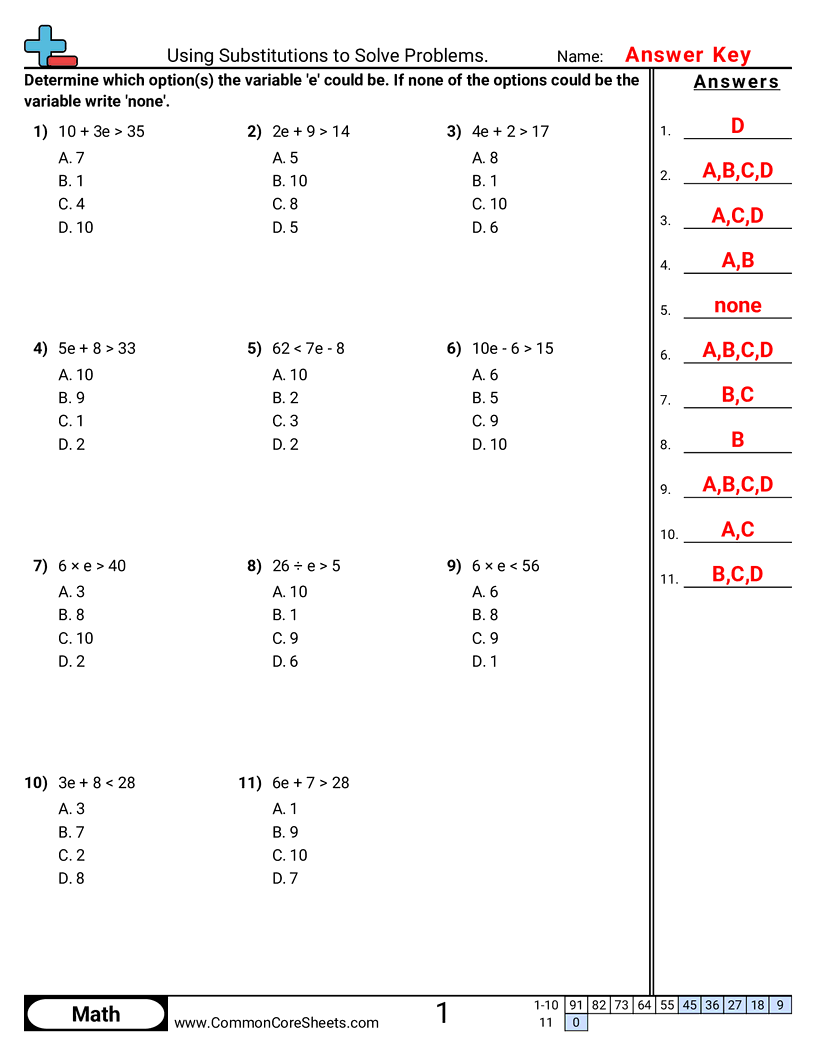 6ee5 Worksheets - using-substitution-to-solve-problems worksheet